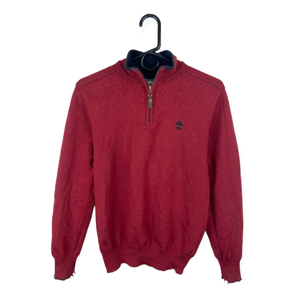 Timberland Men’s Quarter Zip Sweater Regular Fit Wool Long Slit Sleeve Red M